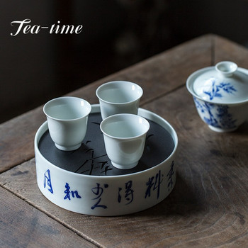 Κινεζικό ρετρό μπλε και άσπρο Poems Θήκη για φλιτζάνι τσαγιού Οικιακή βάση για φλιτζάνι τσαγιού στεγνή πλάκα παρασκευής Kung Fu Tea Αξεσουάρ