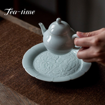 Τραγούδι απομίμησης Misty Blue πορσελάνινη βάση ρουλεμάν για γλάστρα Engrave κλαδιά Lotus Art Dry Brewing Plate Kungfu Tea Fruit Snack