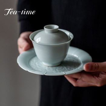 Τραγούδι απομίμησης Misty Blue πορσελάνινη βάση ρουλεμάν για γλάστρα Engrave κλαδιά Lotus Art Dry Brewing Plate Kungfu Tea Fruit Snack
