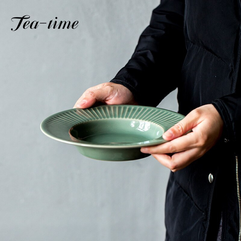 Yue Kiln Celadon japán egyszerű étkészlet egyszemélyes étkezési tányér Háztartási kézzel készített edény csapágy tartó teázó uzsonna gyümölcstálca