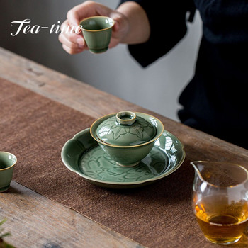 Yue Kiln Celadon Half-knife Mud Pot Lager Домашна маса за чай Поднос за чай Аксесоари Релеф Сухо освежаване Fruit Sanck Чиния