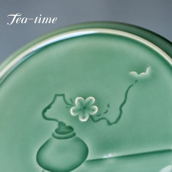 Yue Kiln Celadon Relief Tea Tray Японска керамична суха маса за приготвяне на чай Малък държач за лагери за чайник Kung Fu Tea Ceremony Аксесоари