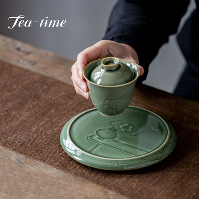 Yue Kiln Celadon Relief teatálca japán kerámia szárazfőző asztal kis teáskanna csapágy tartó Kung Fu teaszertartás kiegészítők