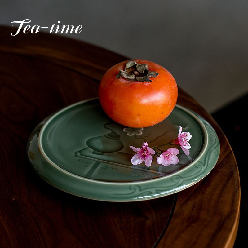 Yue Kiln Celadon Relief teatálca japán kerámia szárazfőző asztal kis teáskanna csapágy tartó Kung Fu teaszertartás kiegészítők