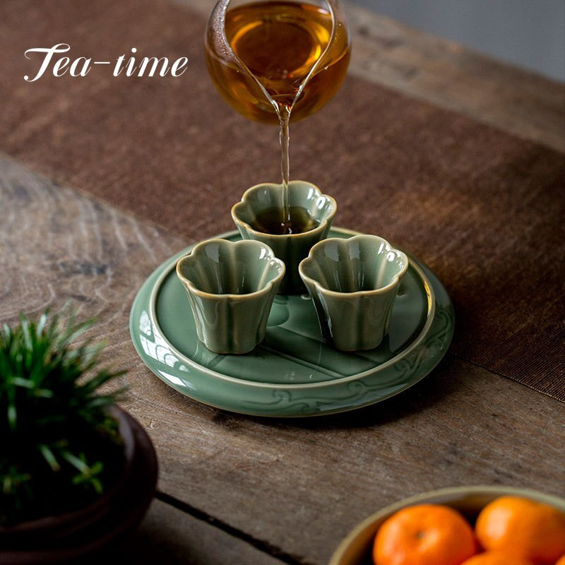 Yue Kiln Celadon Relief teatálca japán kerámia szárazfőző asztal kis teáskanna csapágy tartó Kung Fu teaszertartás kiegészítők