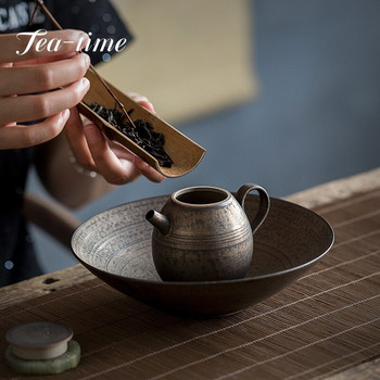 Ръчно изработена поставка за саксия в японски стил Ретро желязна глазура Поставка за лагери за чайник Керамична тава за съхранение на вода Суха тава с балончета Кунг-фу Чаен комплект