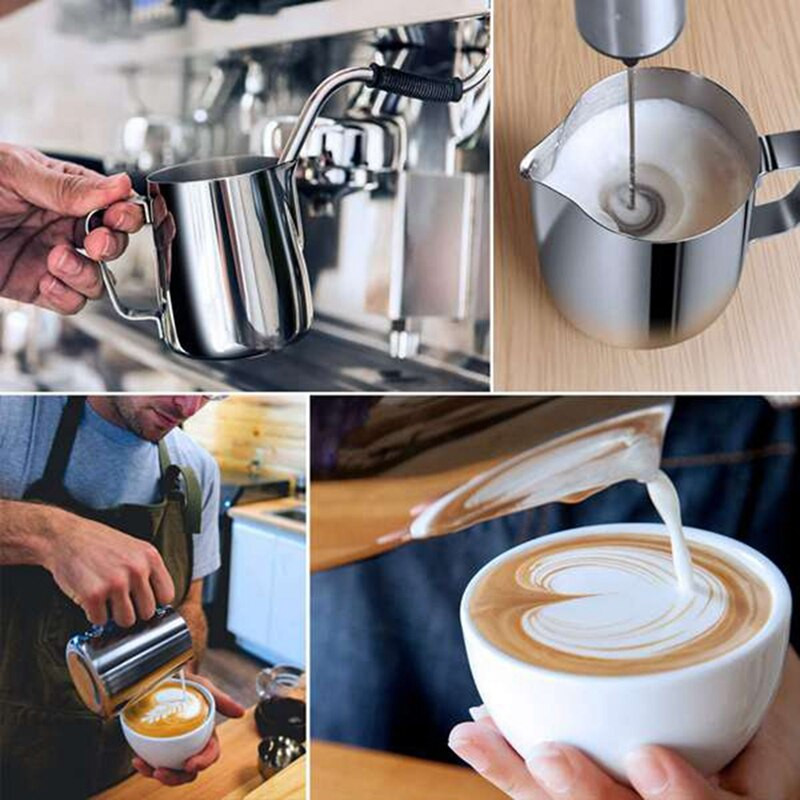 Rozsdamentes acél tejhabosító kancsó Macchiato Cappuccino Latte Arthoz, Latte Art tollal, tejhabosítóval, 350 ml