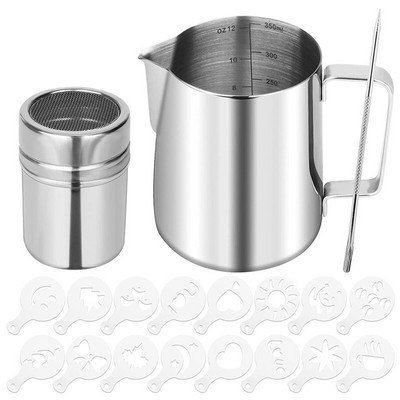 Milk Frother Cup, 12Oz/350Ml από ανοξείδωτο χάλυβα Milk Frothing Pitch with Powder Shaker, Coffee Art Pen and Coffee Stencil