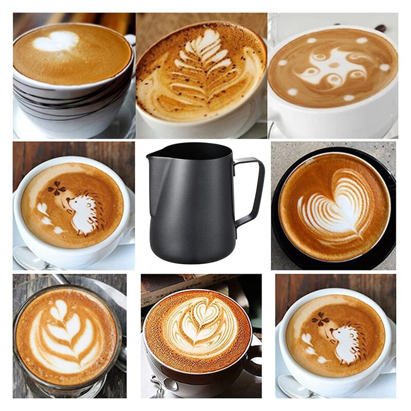 Tejhabosító kancsó rozsdamentes acél espresso gőzölő kancsók, kávés tejhabosító csésze díszítő műtollal