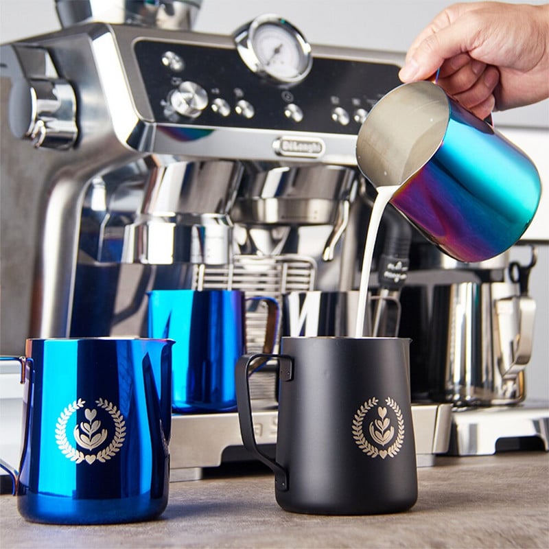 350 ml-es rozsdamentes acél kávés tejkancsó cappuccino eszpresszó vízmérleggel habosító konyhai Otthoni Latte Art habosító kancsó kellékek