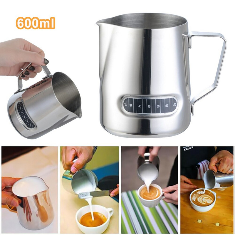 Tejhabosító kancsó beépített hőmérővel 20Oz/600Ml Rozsdamentes acél tejes kávé Barista kancsó kancsó kávétartozékok