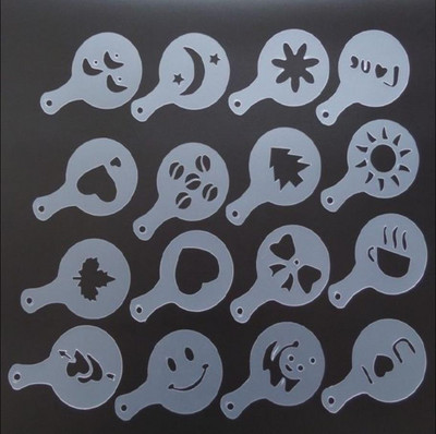 Cappuccino formelės išgalvotas kavos spausdinimo modelis, purškiamas pyragas, trafaretai cukraus pudros, šokolado, kakavos, kavos spausdinimo rinkinys