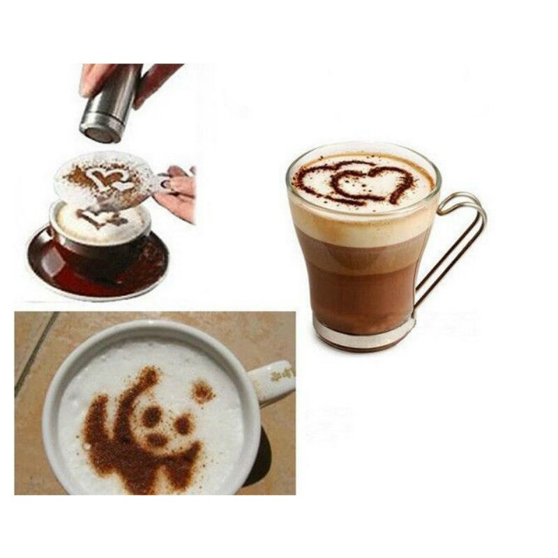 Cappuccino formelės išgalvotas kavos spausdinimo modelis, purškiamas pyragas, trafaretai cukraus pudros, šokolado, kakavos, kavos spausdinimo rinkinys