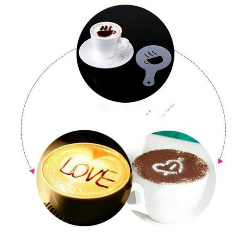 Cappuccino formelės išgalvotas kavos spausdinimo modelis, purškiamas pyragas, trafaretai cukraus pudros, šokolado, kakavos, kavos spausdinimo rinkinys