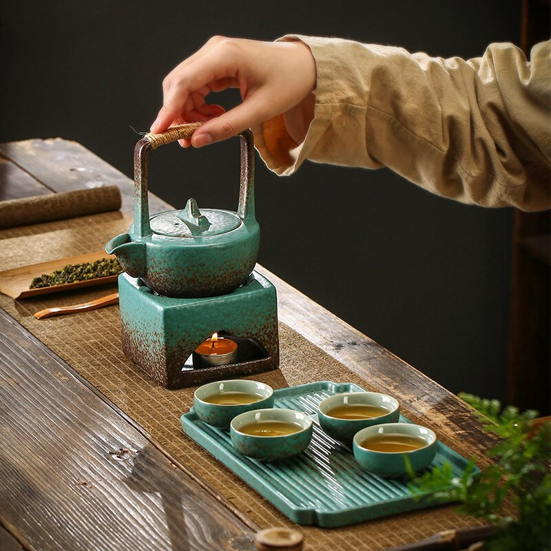 Japán gyertyafűtés kerámia teáskanna talp termikus teafőző Vintage nyelű porcelán teáskanna melegítő tartó csészék Lakásdekoráció