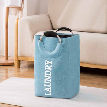 Кош за пране с голям капацитет, ленена чанта за съхранение с пръстен, алуминиева дръжка, преносим кош за пране, сгъваема чанта за дрехи, баня