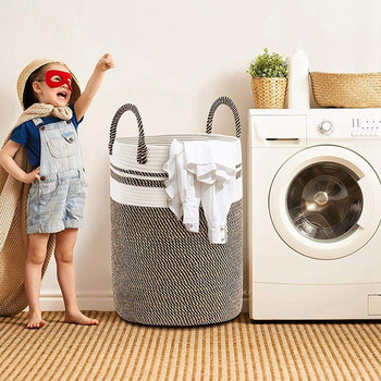 Кош за пране с дръжки, Тъкано памучно въже Кош за пране за дрехи и играчки Спалня Баня Кош за съхранение