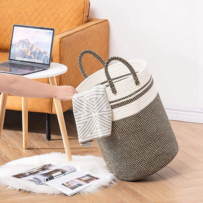 Košara za rublje s ručkama, Košara za rublje od tkanog pamučnog užeta za odjeću i igračke Spavaća soba Kupaonska košara za pohranu