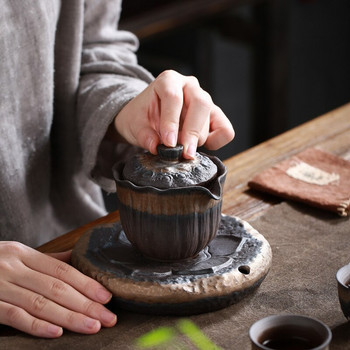 Ιαπωνικό χειροποίητο τραπέζι τσαγιού ρετρό τραχιά κεραμική Καυσόξυλα που καίγονται επιχρυσωμένα KungFu σετ τσαγιού Αποθήκευση νερού Δίσκος δοχείου για ξηρά φυσαλίδες
