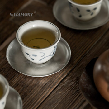WIZAMONY Ръчно изработена тенекиена подложка за чаша Creative Orchid Чаша за чай Чинийка Чаша за чай Термоустойчива подложка Поднос за чай Подложка за чай Kung Fu Чаена церемония