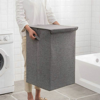 Памучен ленен кош за пране с капак Кош за съхранение на баня Сгъваема водоустойчива кошница за пране