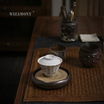 Поднос за тенджера Маса за чай Лагер Основа за тенджера за чай Винтидж бамбук за съхранение на вода Груба керамика в японски стил Ru Kiln Комплект за чай Аксесоари