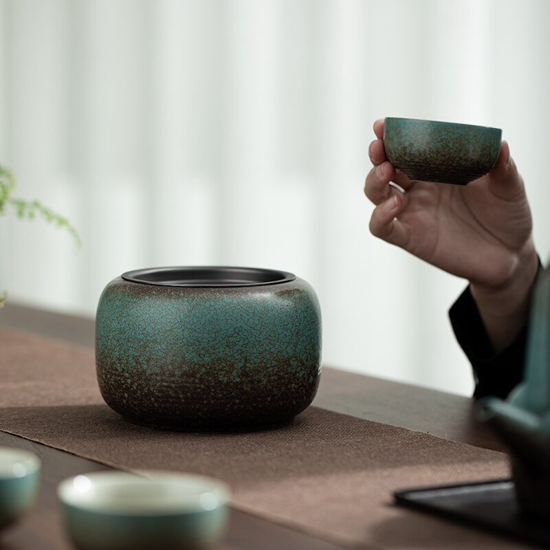 Japán stílusú malachitzöld kerámia fedővel teamosó Háztartási kerámia teamaradék tartály teáskészlet kellékek