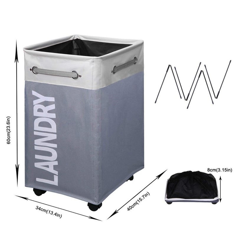 Didelis sulankstomas skalbinių krepšelis su rankenomis – sujungiamas skalbinių užtvaras ant ratų – aukštas sulankstomas audinio laikiklis