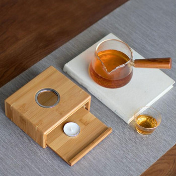 1PC тенджера за чай Бамбукова основа Дизайн на чекмедже Практична бамбукова основа Нагревателна основа за домашен офис Чаено парти (без свещ)