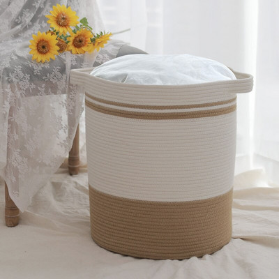 Mosodai kosár Dekoratív szőtt pamut kötél tárolórekesz fogantyúkkal nappali szemeteshez Játékok Párnák Takarók Ruhák TJ7288