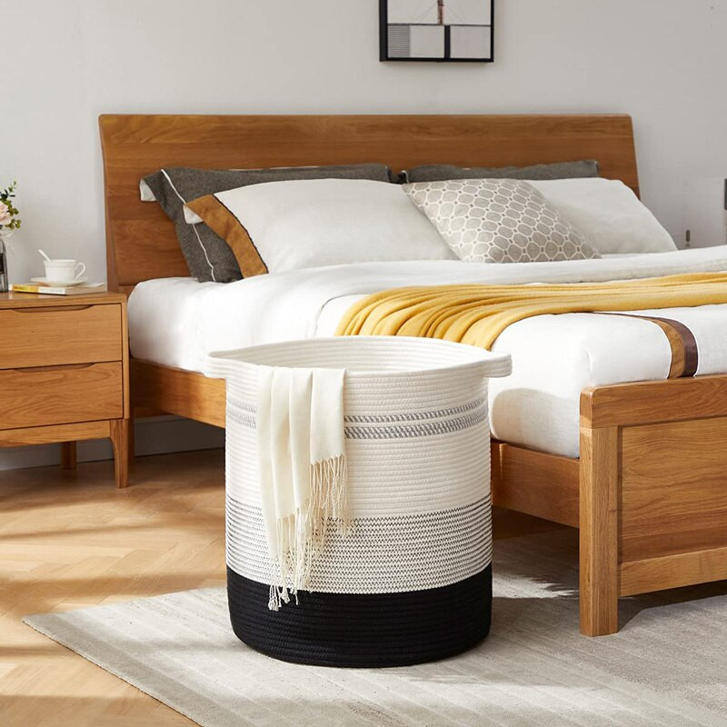 Mosodai kosár Dekoratív szőtt pamut kötél tárolórekesz fogantyúkkal nappali szemeteshez Játékok Párnák Takarók Ruhák TJ7288