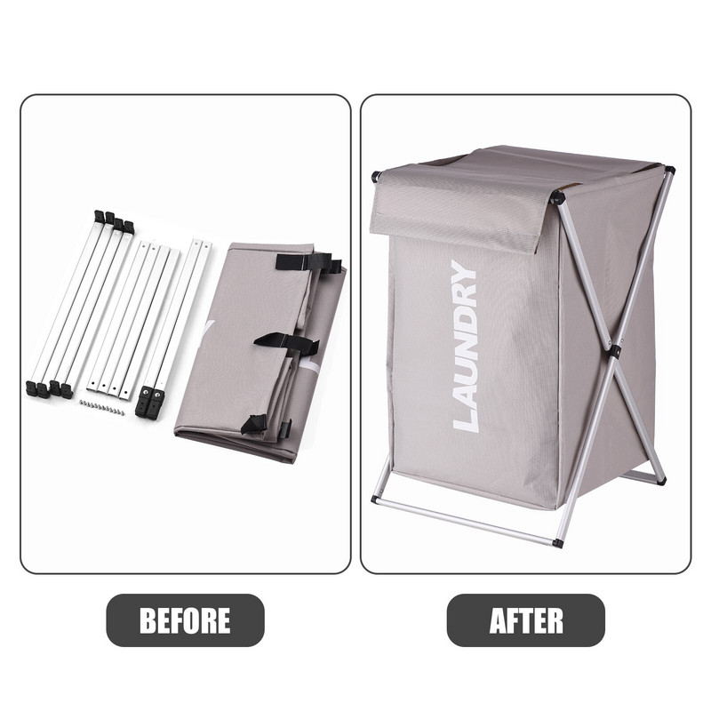 Coș de rufe Coș de haine Organizator Sorter Depozitare Pliabil cu mâner de capac Cadru de aluminiu pentru baie Dormitor Casa Bej