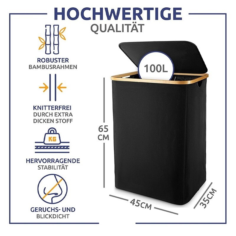 Szennyes kosár fedővel, fekete szennyeskosár kivehető szennyestáskával - Szennyválogató fürdőszobához és hálószobához