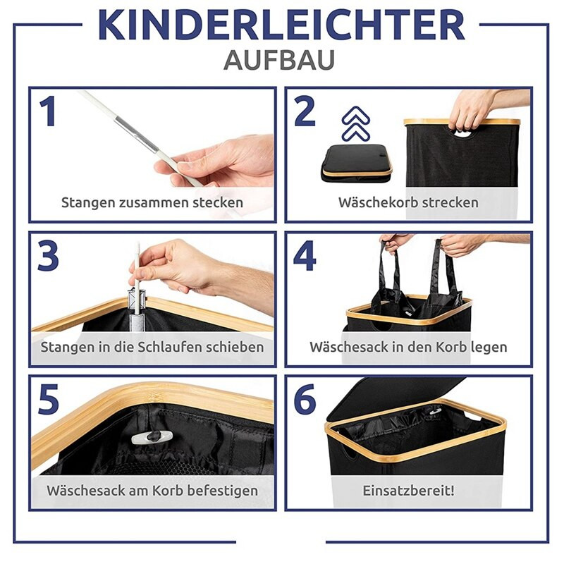 Szennyes kosár fedővel, fekete szennyeskosár kivehető szennyestáskával - Szennyválogató fürdőszobához és hálószobához