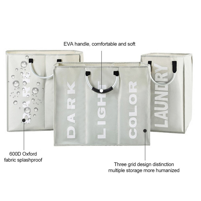 Buitinių audinių skalbinių krepšelis 3 sekcijų trukdo rūšiavimo krepšelis Sulankstomas skalbimo dėtuvė Nešvarių drabužių laikiklis