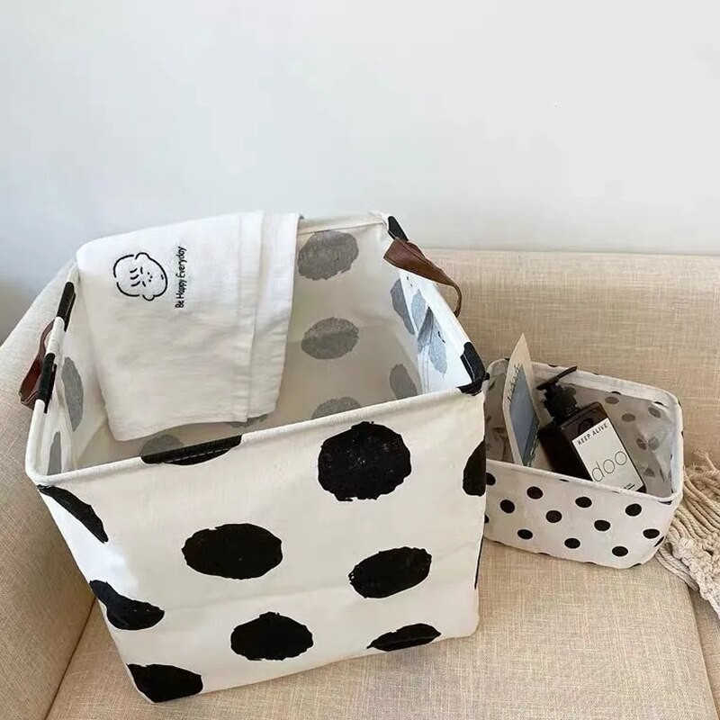 Ins Lininis skalbinių krepšelis juodas baltas taškelis nešvarių drabužių krepšeliai darbastalio žaislų laikymo dėžutė didelė sulankstoma tvarkyklės kliūtis