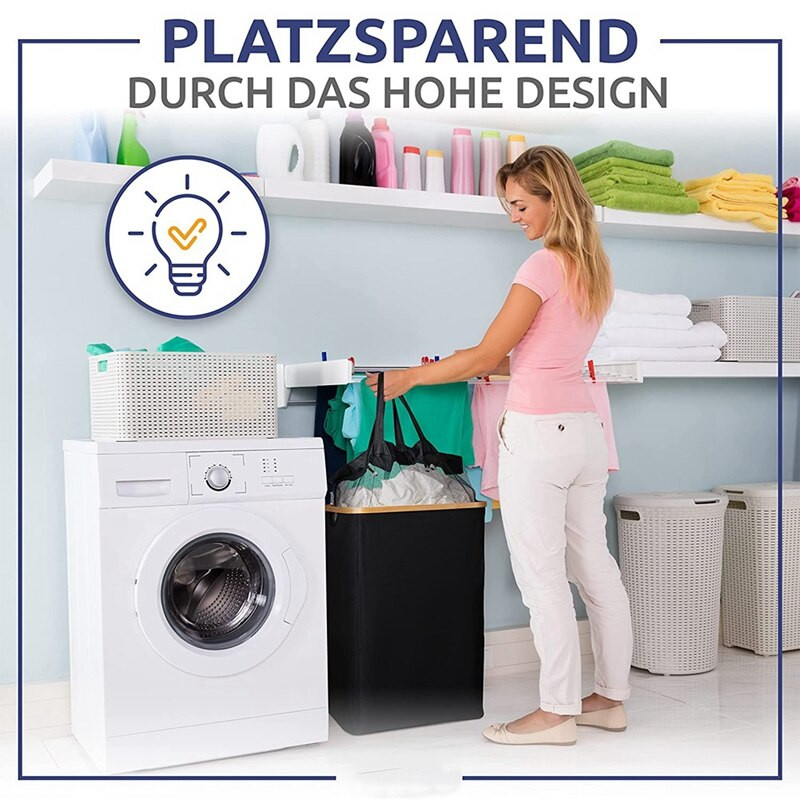 Szennyes kosár fedővel, fekete szennyeskosár kivehető szennyestáskával - Szennyválogató fürdőszobához és hálószobához