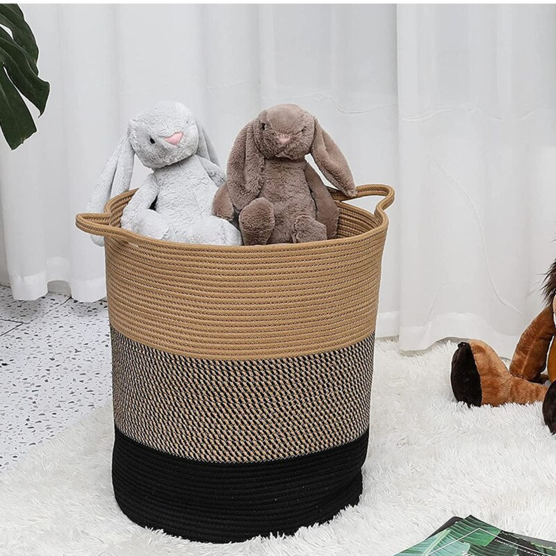 Puha szennyes kosár pamut kötél szőtt tároló kosár kétoldalas fogantyús tárolójáték Gyönyörű praktikus baba tároló kosár