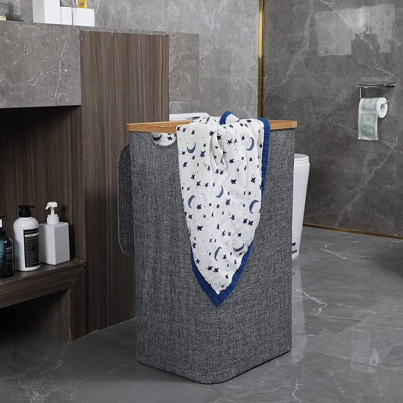 Drabužių krepšys su dangteliu, bambukiniai nešvarių skalbinių krepšeliai su rankena, sulankstomas skalbinių dėklas drabužiams tvarkyti