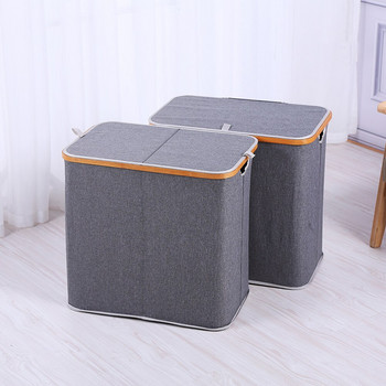 SHUSHI двойна кошница за пране с капак Голяма бамбукова кошница за мръсни дрехи с дръжка Водоустойчива сгъваема кошница за пране