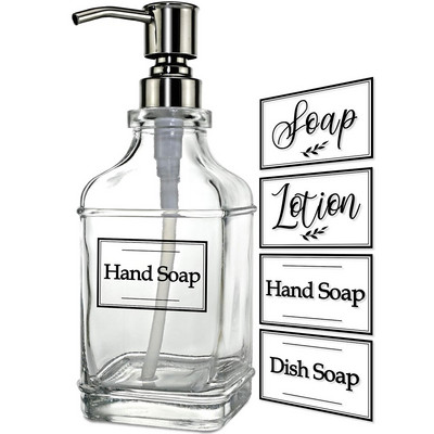 Dozator de săpun lichid din sticlă de 500 ml, sticlă reîncărcabilă, șampon, gel de duș, loțiune, cu 4 bucăți autocolante transparente pentru bucătărie și baie