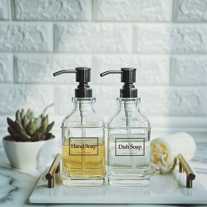 Dozator de săpun lichid din sticlă de 500 ml, sticlă reîncărcabilă, șampon, gel de duș, loțiune, cu 4 bucăți autocolante transparente pentru bucătărie și baie