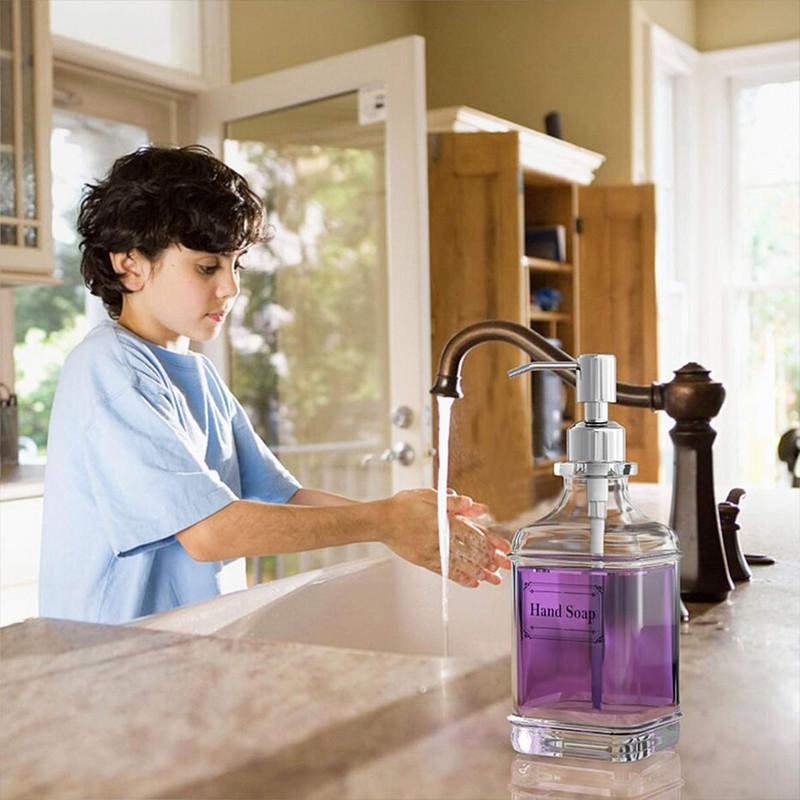 Dozator de săpun lichid din sticlă de 500 ml, sticlă reîncărcabilă, șampon, gel de duș, loțiune, cu 4 bucăți autocolante transparente pentru bucătărie și baie