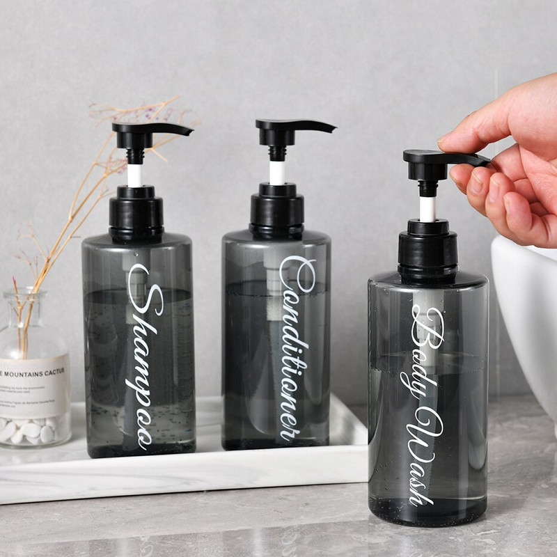 3 vonios muilo dozatorių rinkinys su iš anksto atspausdintu šampūno kondicionieriumi kūno prausimo laiškais su plastikiniu siurblio buteliuko dušo dozatoriumi