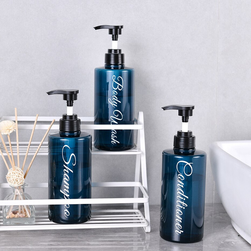 3 vonios muilo dozatorių rinkinys su iš anksto atspausdintu šampūno kondicionieriumi kūno prausimo laiškais su plastikiniu siurblio buteliuko dušo dozatoriumi