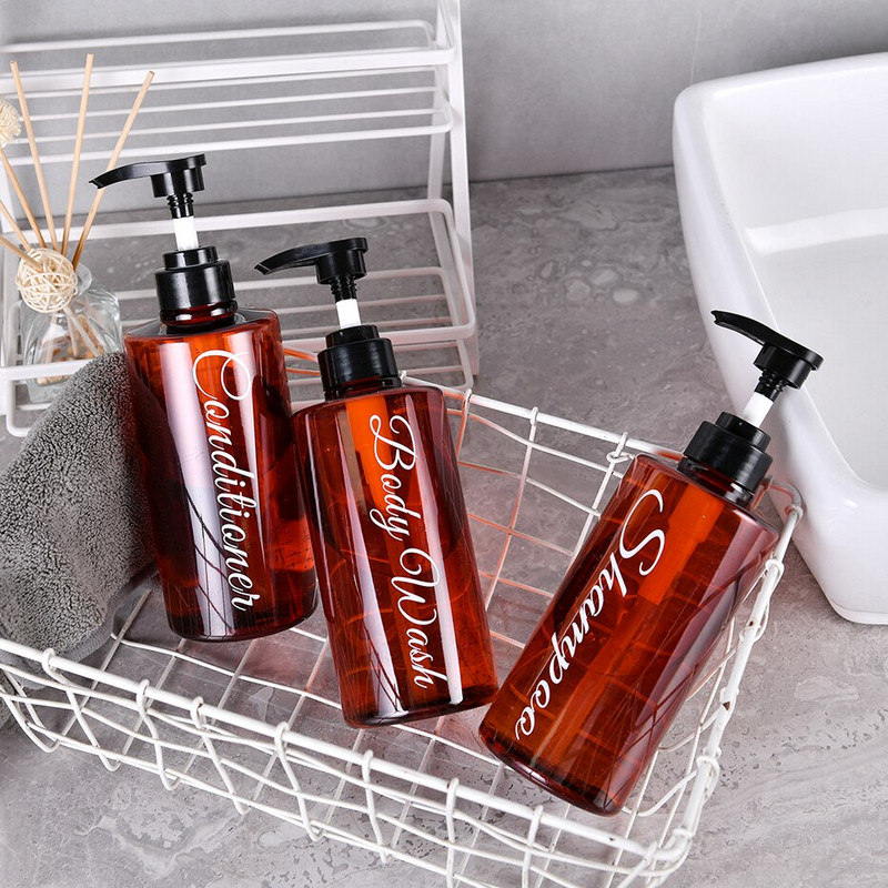 3 vonios muilo dozatorių rinkinys su iš anksto atspausdintu šampūno kondicionieriumi kūno prausimo laiškais su plastikiniu siurblio buteliuko dušo dozatoriumi