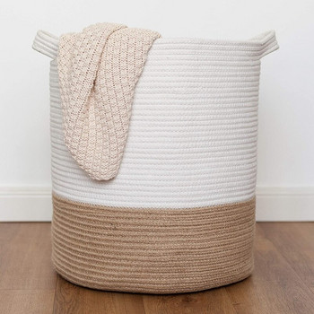 Кошница с памучно въже, плетена кошница за съхранение и кошница за одеяла, 41X45 см декоративна кошница за играчки, кошница за пране с дръжка