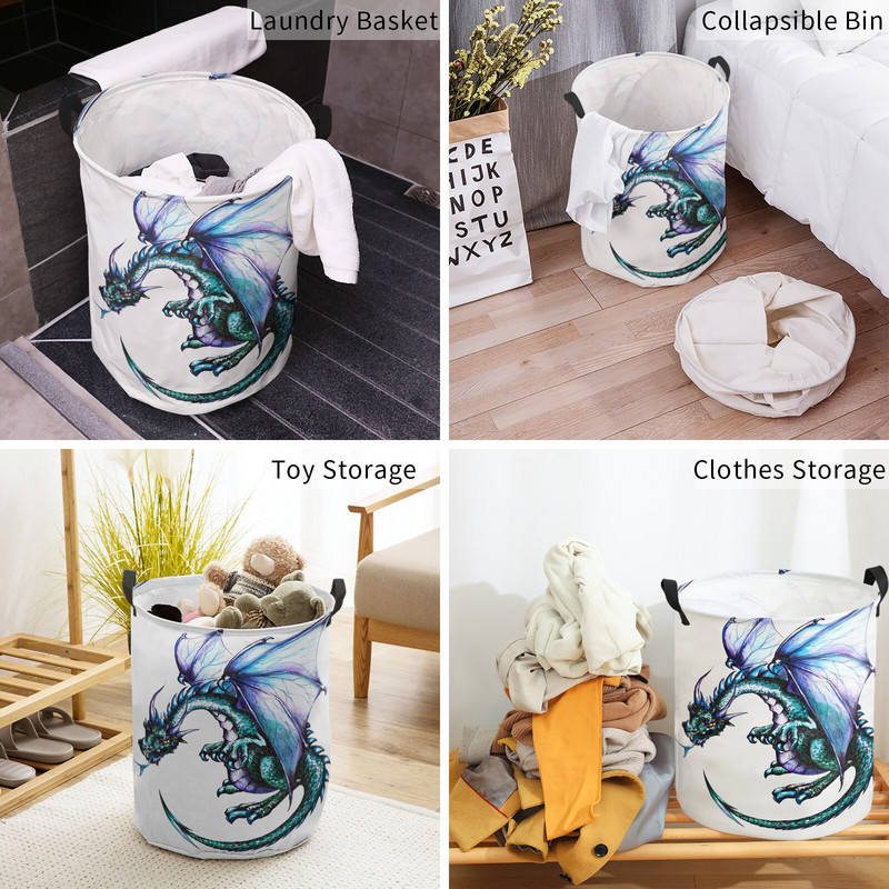 Drakonas viduramžių baltas nešvarių skalbinių krepšelis sulankstomas apvalus vandeniui atsparus namų organizatorius krepšelis Drabužiai vaikams žaislų laikymo krepšelis
