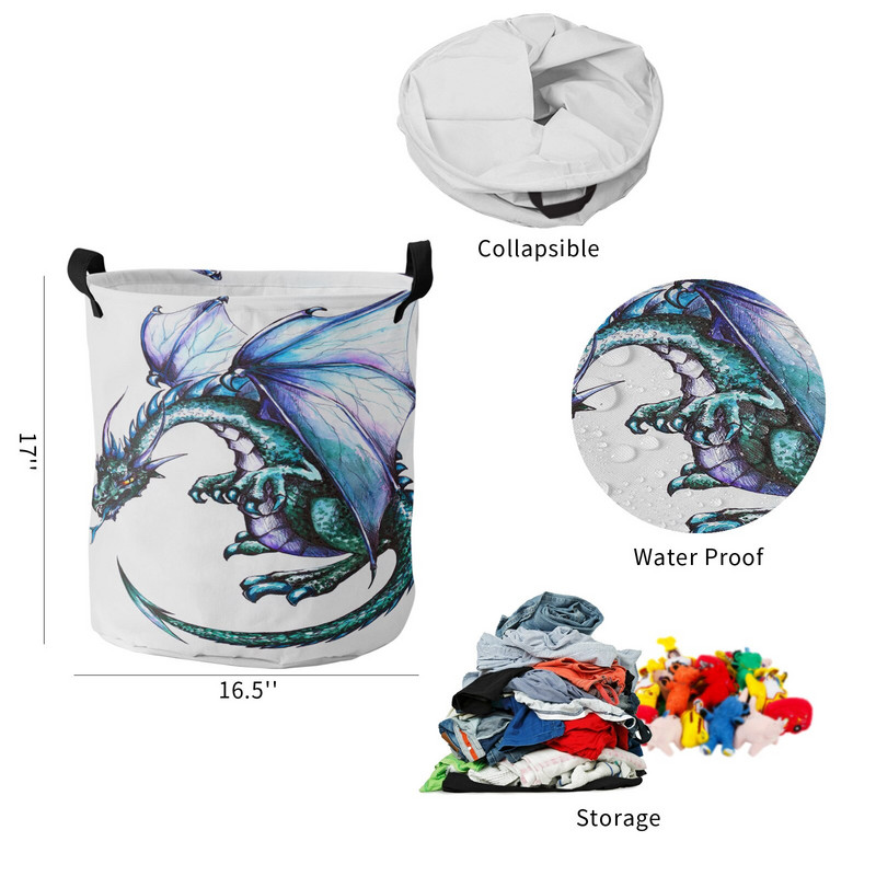 Drakonas viduramžių baltas nešvarių skalbinių krepšelis sulankstomas apvalus vandeniui atsparus namų organizatorius krepšelis Drabužiai vaikams žaislų laikymo krepšelis