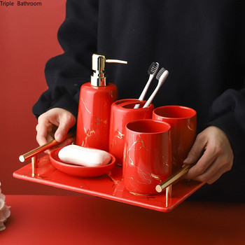 1 бр Nordic Red Ceramic Лосион Бутилка Дозатор за сапун Чаша за гаргара Поставка за четка за зъби Сапунерка Аксесоари за баня Сватбени принадлежности
